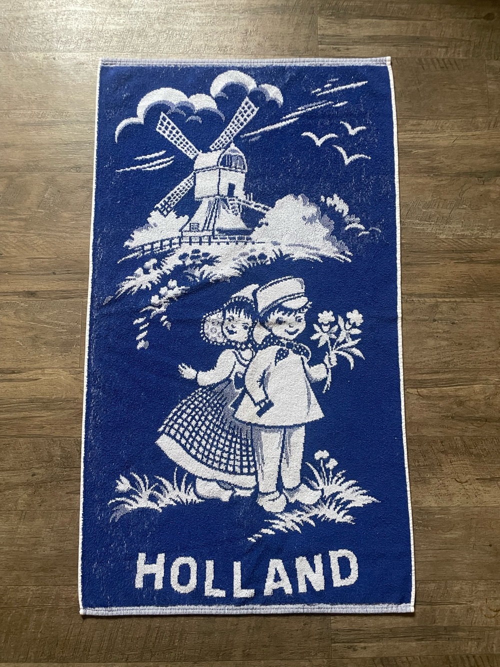 Vintage Dutch Hand Towel Blue White Cotton Windmill & Children 18x32